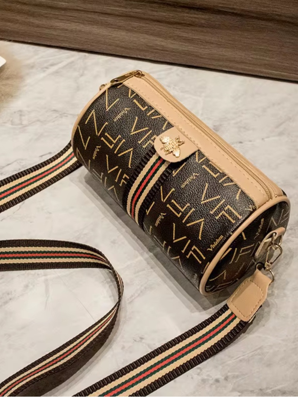 Monogram Bee Accent Barrel Crossbody Bag - khaki /Brown/-Red Stripe NIP